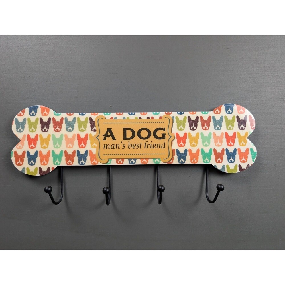 Dog Bone Wall Hook Rack Leash Holder "A Dog Man’s Best Friend" 4 Hooks 16"